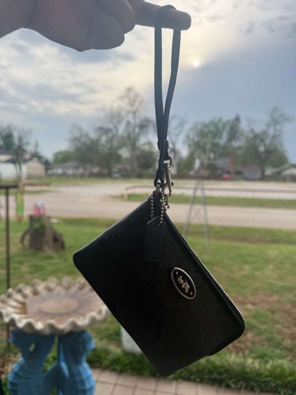 Coach Black Leather Zip Wristlet with Logo Plaque